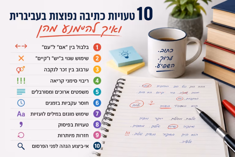 אינפוגרפיקה בעברית המציגה 10 טעויות כתיבה נפוצות בעברית ודרכים להימנע מהן, לצד מחברת עם תיקוני עריכה, ספרים וספל קפה.