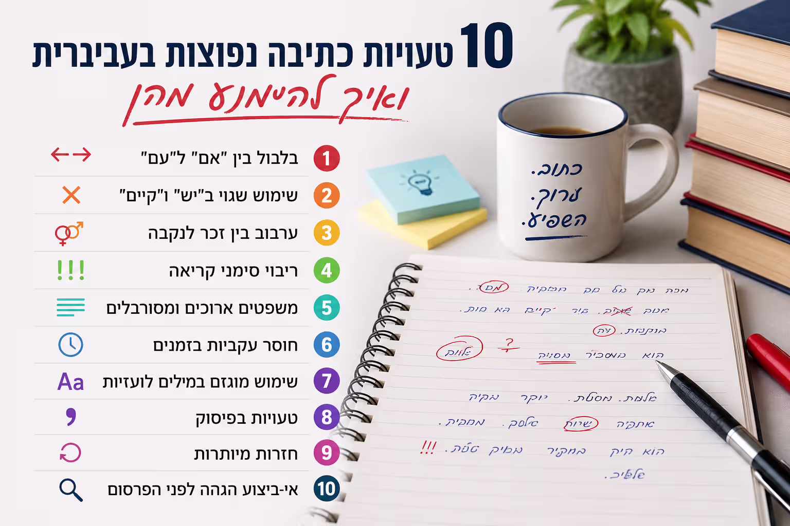 אינפוגרפיקה בעברית המציגה 10 טעויות כתיבה נפוצות בעברית ודרכים להימנע מהן, לצד מחברת עם תיקוני עריכה, ספרים וספל קפה.
