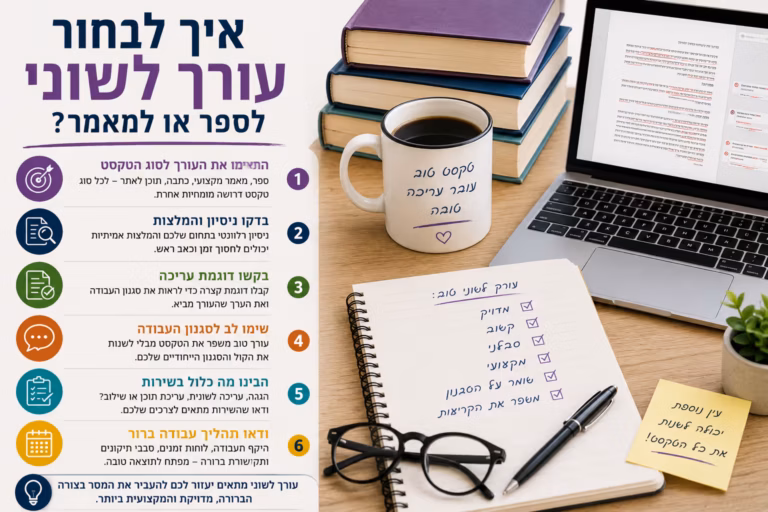אינפוגרפיקה בעברית בנושא איך לבחור עורך לשוני לספר או למאמר, עם ספר פתוח, מחברת, מחשב נייד, קפה ורשימת טיפים לבחירת עורך מתאים.