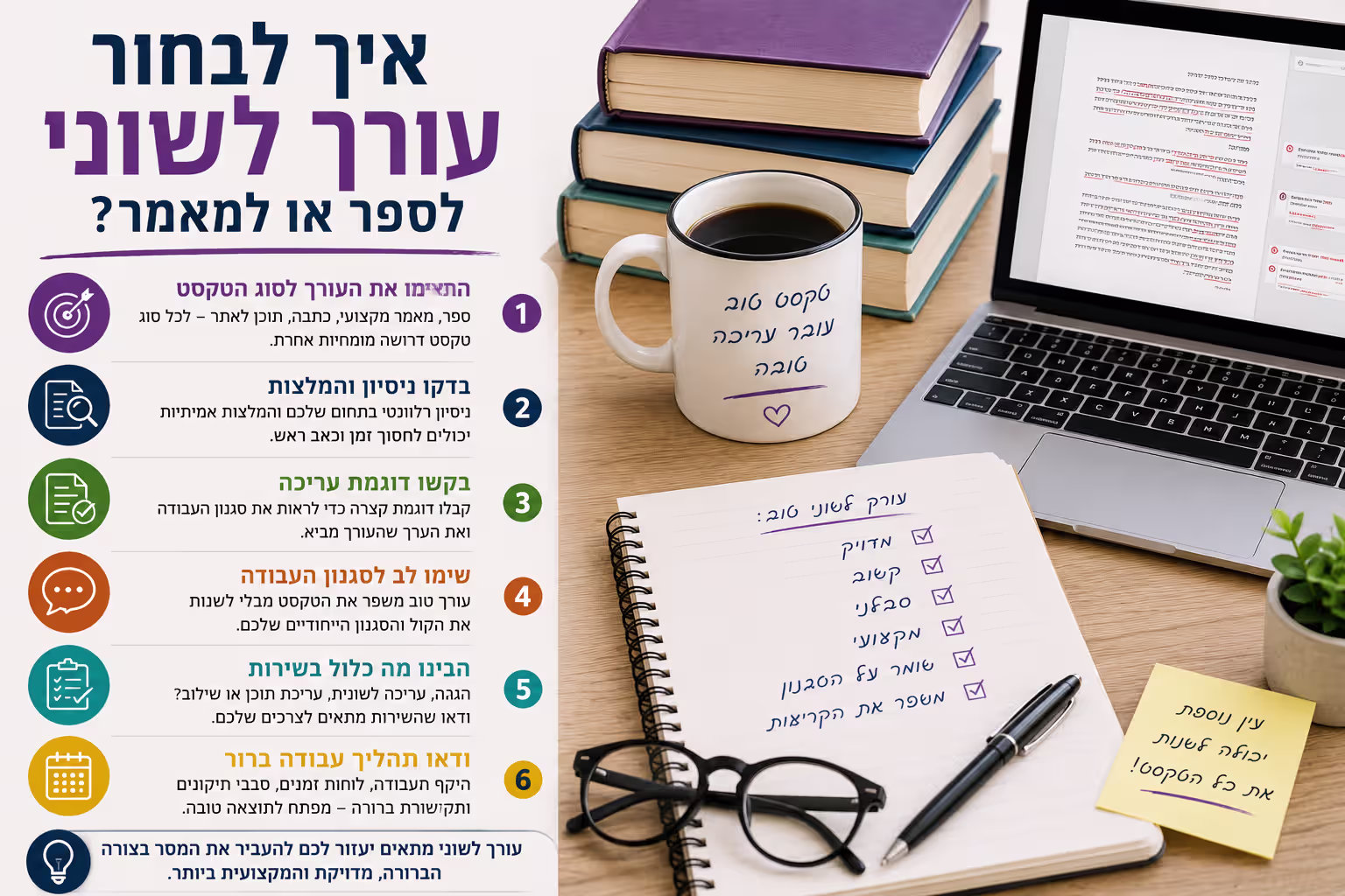 אינפוגרפיקה בעברית בנושא איך לבחור עורך לשוני לספר או למאמר, עם ספר פתוח, מחברת, מחשב נייד, קפה ורשימת טיפים לבחירת עורך מתאים.