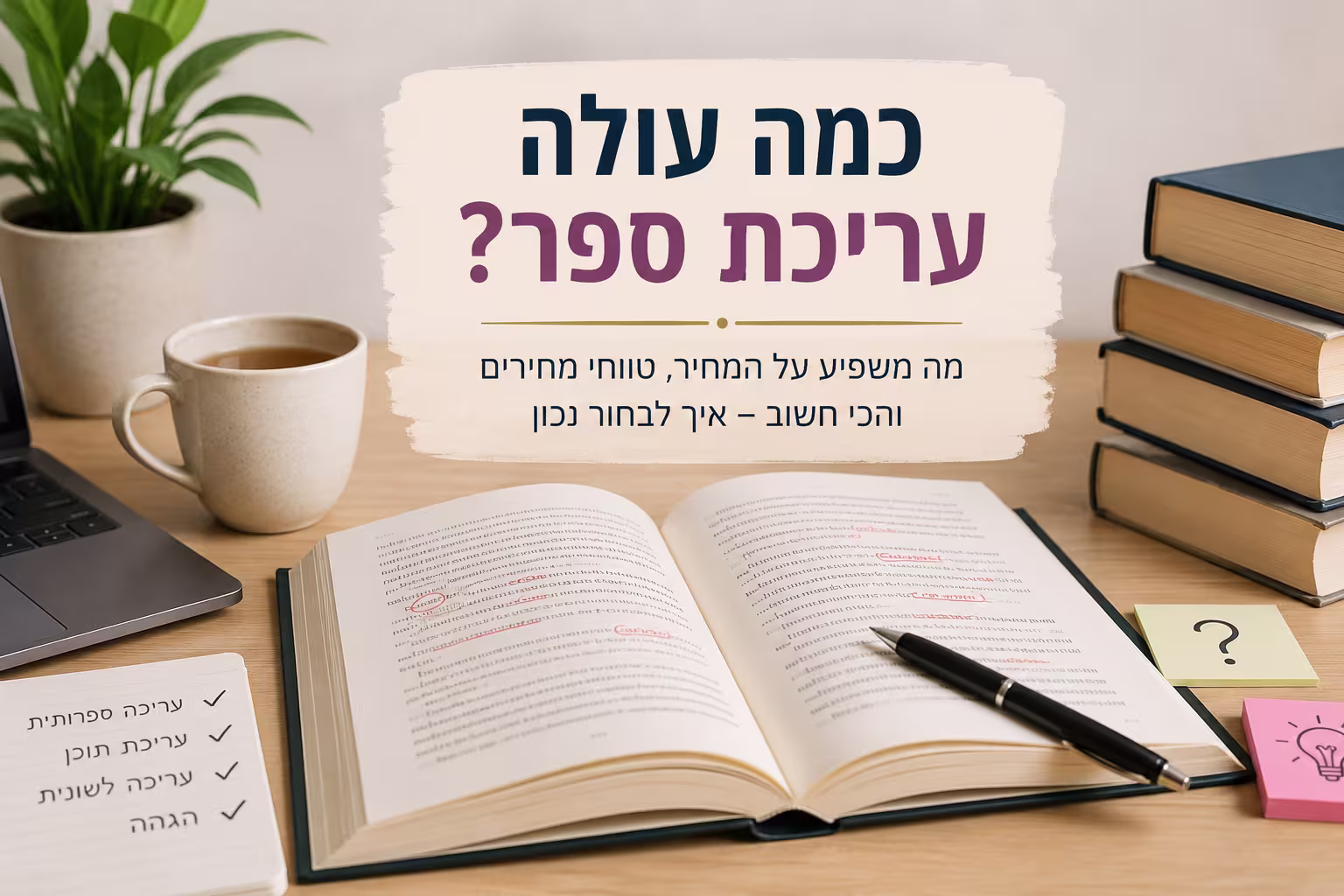 ספר פתוח עם תיקוני עריכה על שולחן עבודה, לצד מחשב וספרים, עם הכותרת "כמה עולה עריכת ספר?"