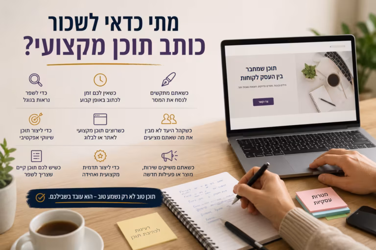 תמונה שיווקית בעברית בנושא מתי כדאי לשכור כותב תוכן מקצועי, עם שולחן עבודה, מחשב נייד, מחברת, קפה ואייקונים המתארים צרכים עסקיים בכתיבת תוכן.