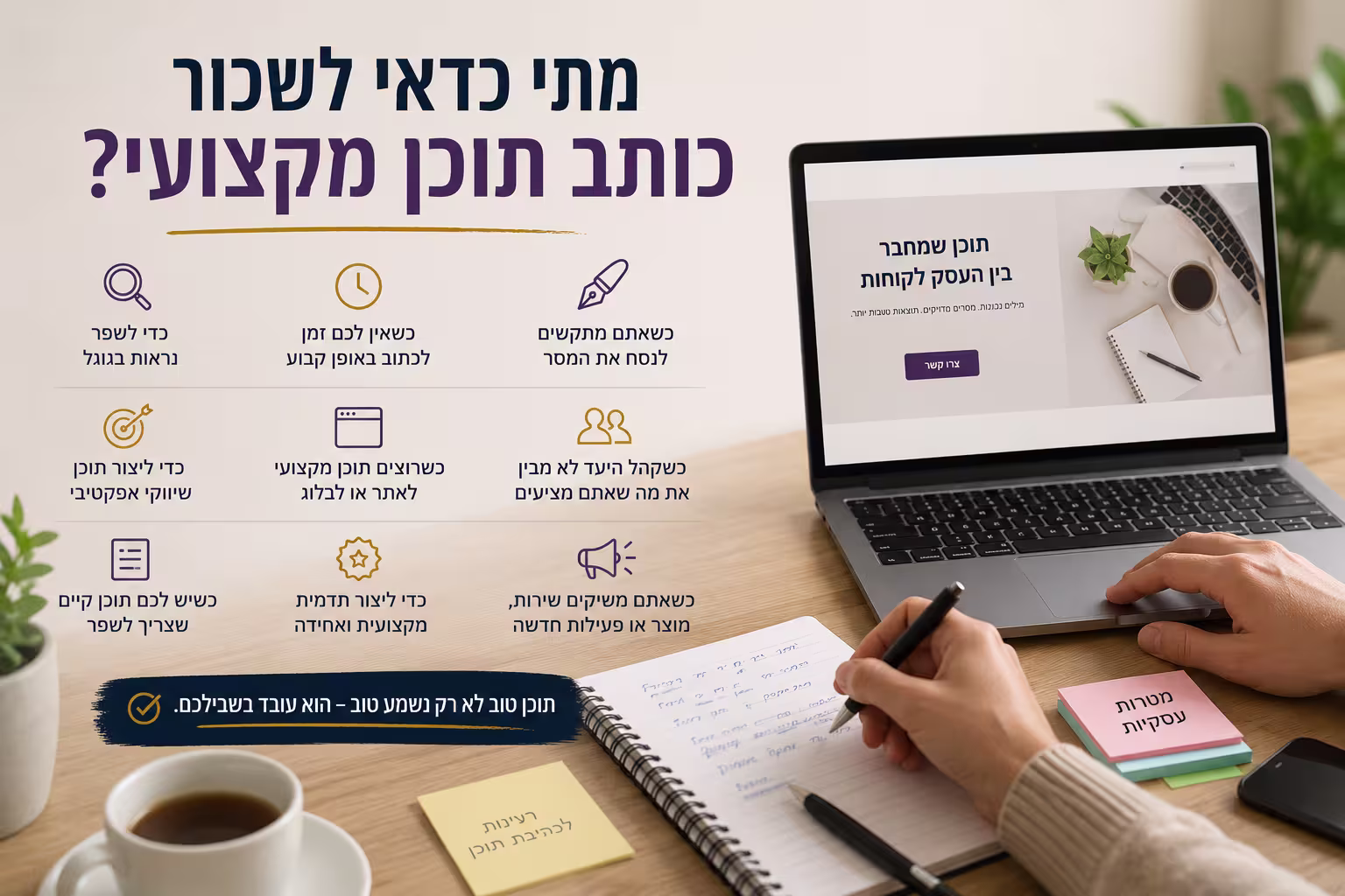 תמונה שיווקית בעברית בנושא מתי כדאי לשכור כותב תוכן מקצועי, עם שולחן עבודה, מחשב נייד, מחברת, קפה ואייקונים המתארים צרכים עסקיים בכתיבת תוכן.